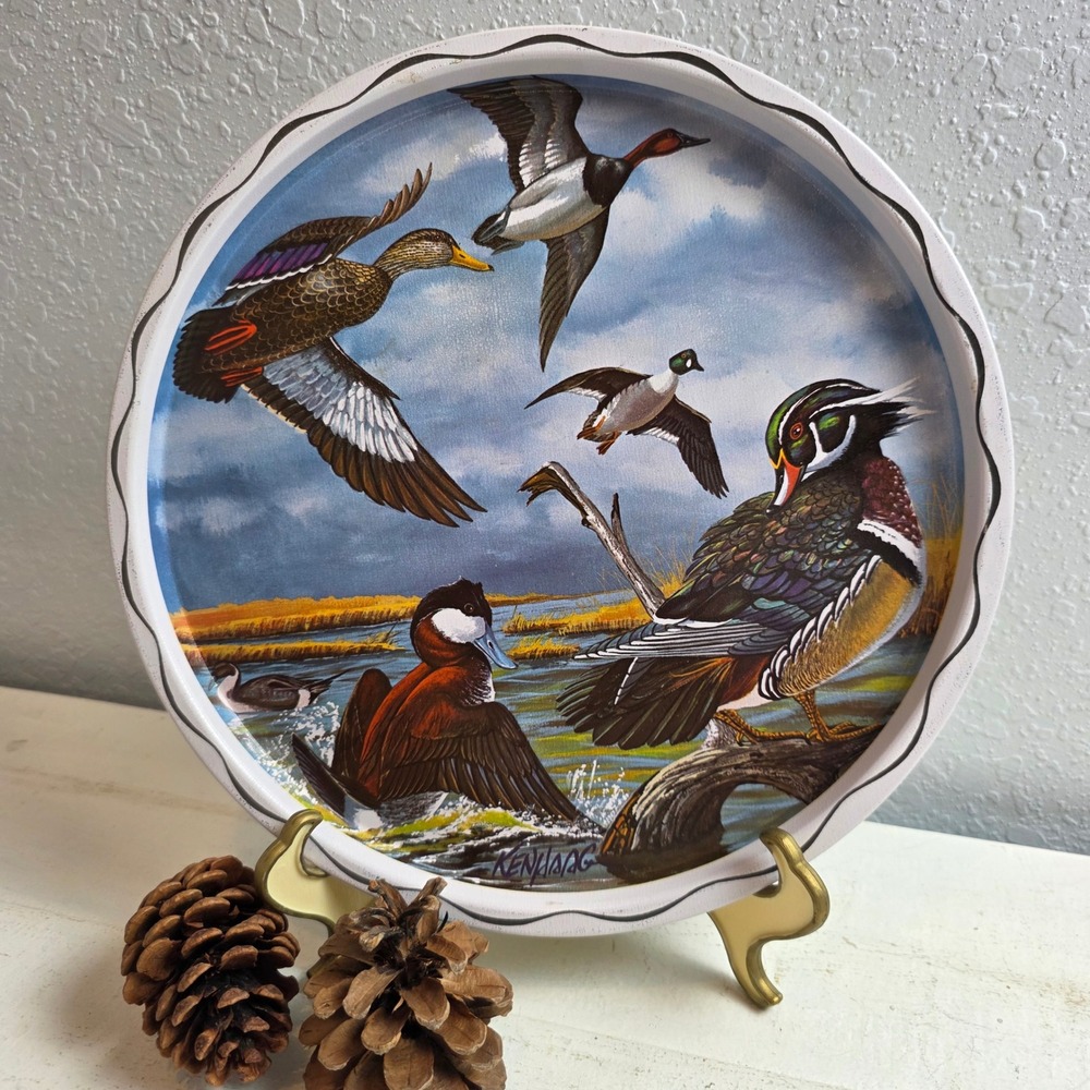 Ken Haag Vintage Duck Wildlife Metal Serving Tray Round Waterfowl Art Decor